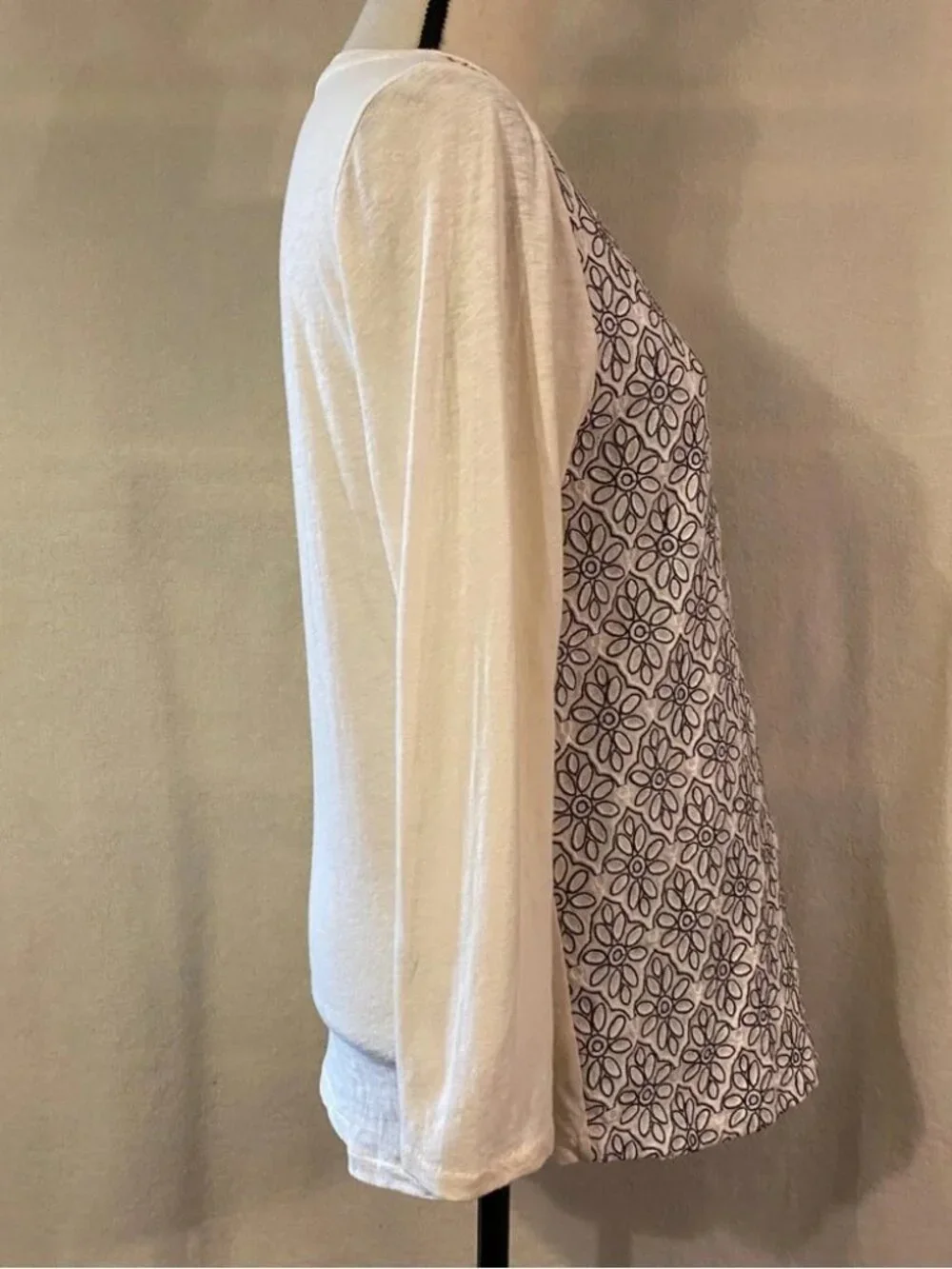 J. Crew black & cream embroidered floral 3/4 sleeve cotton knit top
